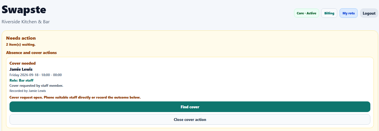 Swapste manager Needs Action panel showing a staff shift that requires cover