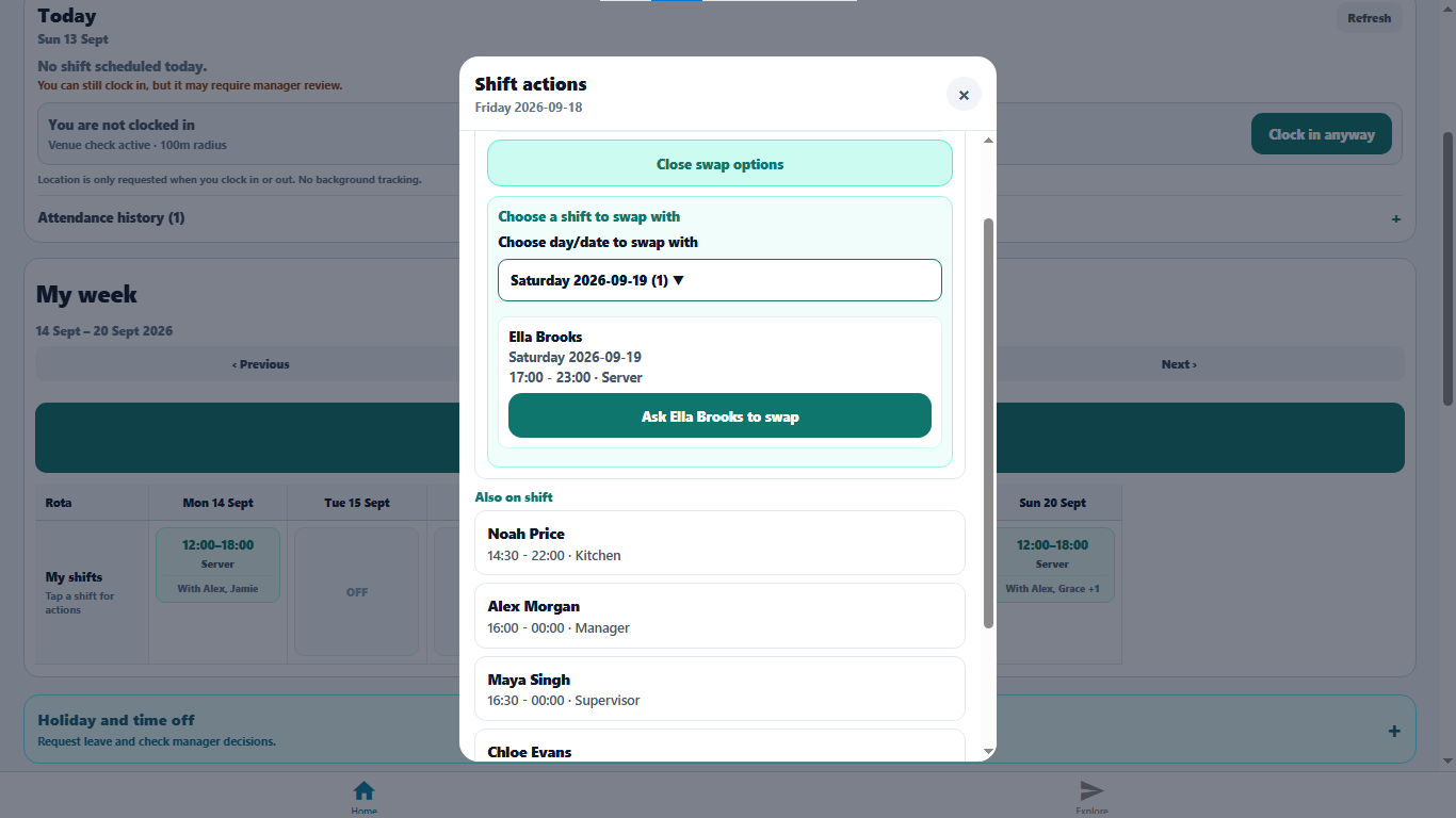 Staff member selecting another employee's shift to request a direct shift swap in Swapste