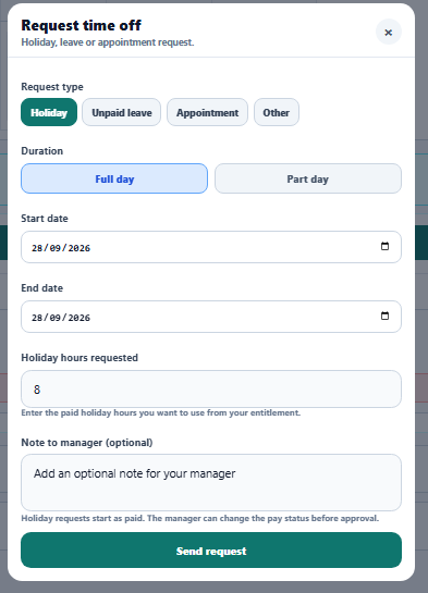 Staff holiday request in Swapste showing leave date and requested paid holiday hours