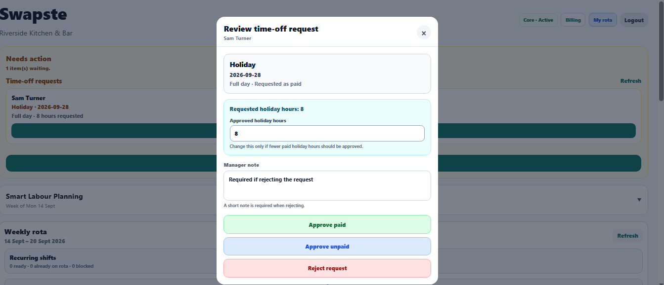Manager reviewing a holiday request with requested and approved paid holiday hours in Swapste