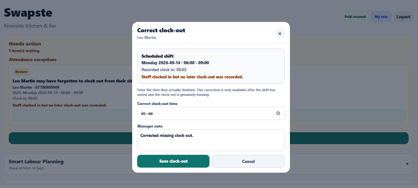 Manager correcting a missing staff clock-out in Swapste with the scheduled shift and recorded clock-in shown
